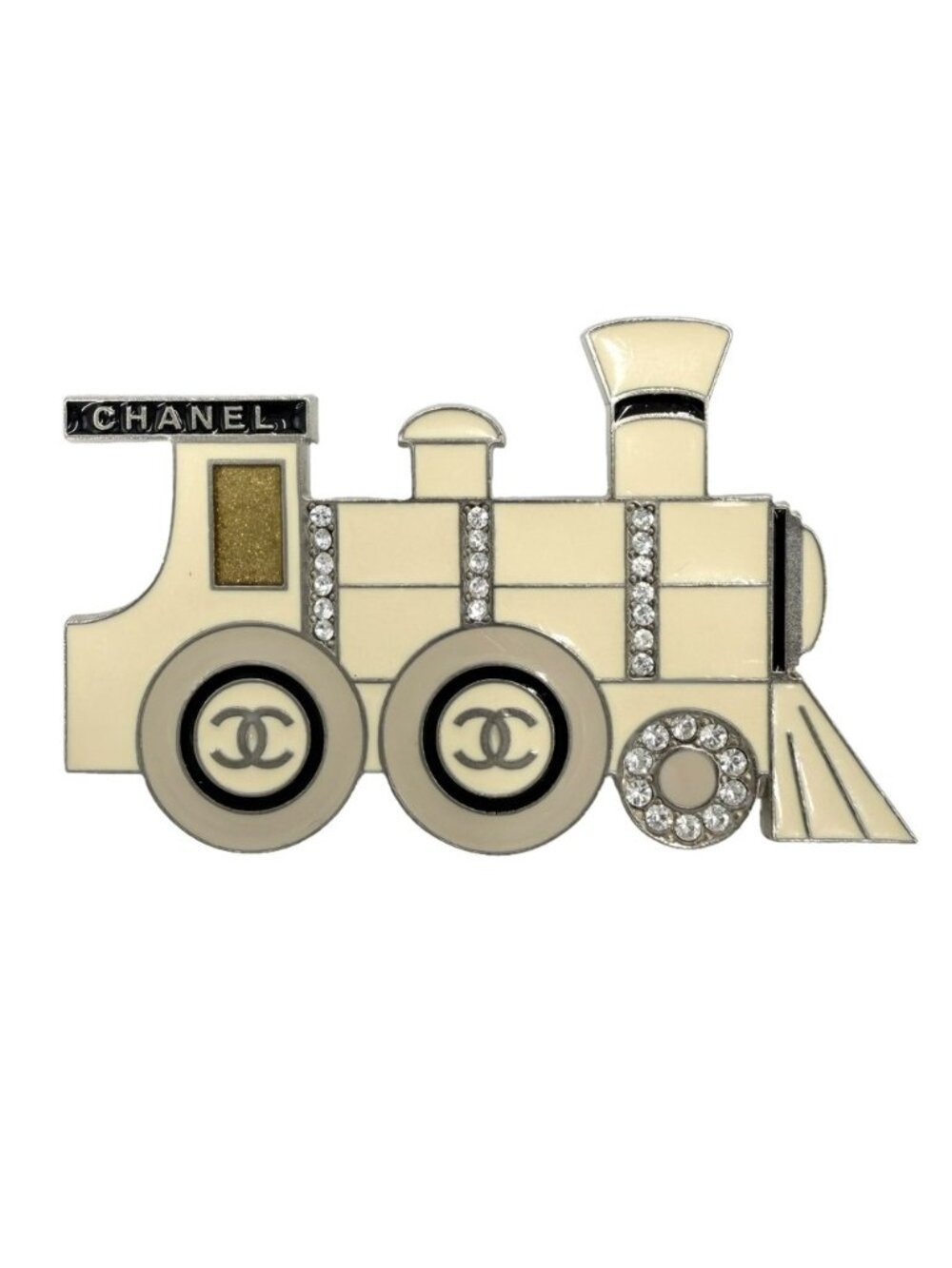 Chanel Brooch CC Logo Coco Train Locomotive Motif Enamel Rhinestone 07C